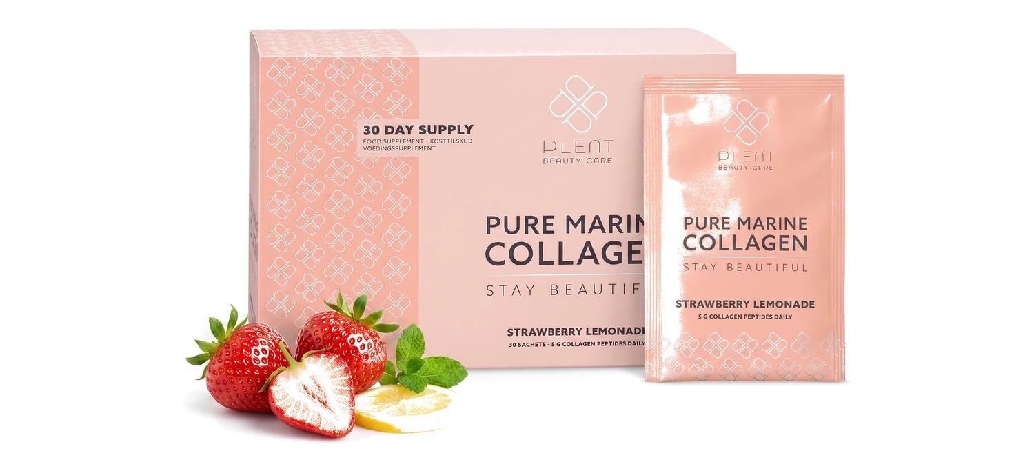 Plent PURE Kolagen Morski truskawkowa lemoniada, pudełko i saszetka