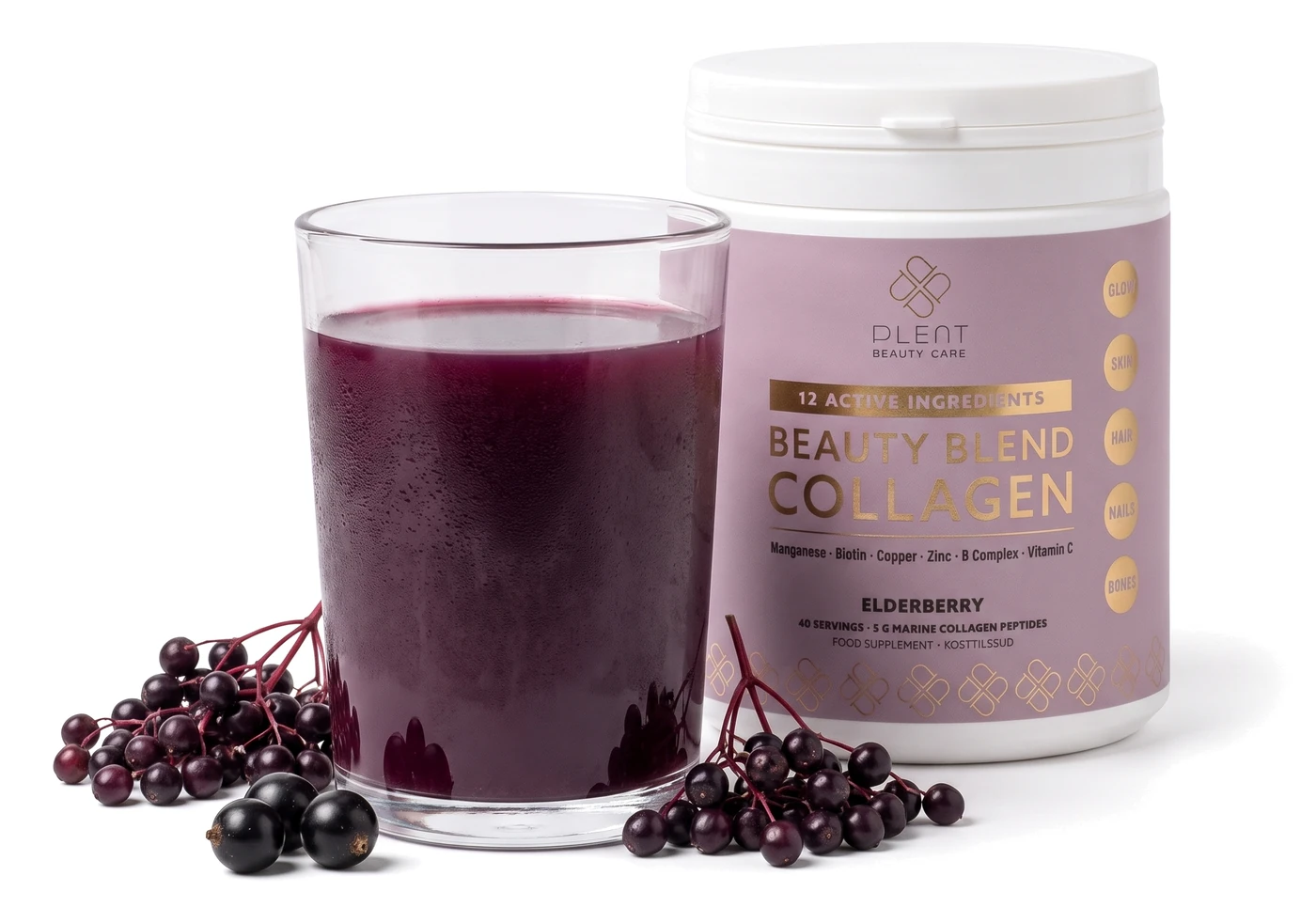 Purpurowo-fioletowy napój z kolagenem Plent BEAUTY w smaku czarnego bzu
