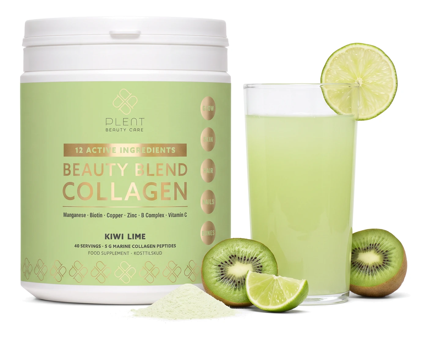 Jasnozielony napój z kolagenem Plent BEAUTY w smaku kiwi z limonką