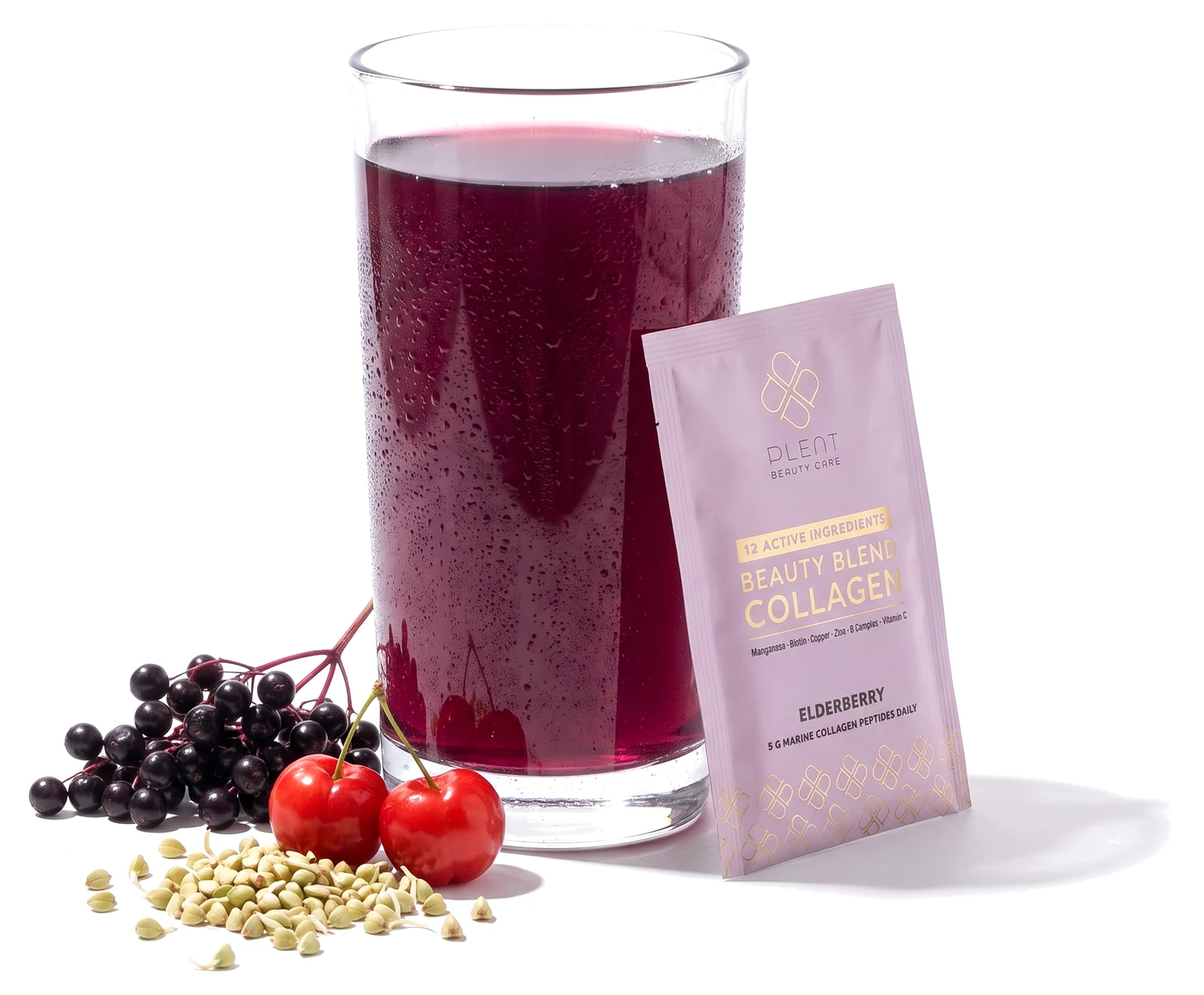 Głęboki, purpurowo-fioletowy napój z kolagenem Plent BEAUTY w smaku czarnego bzu