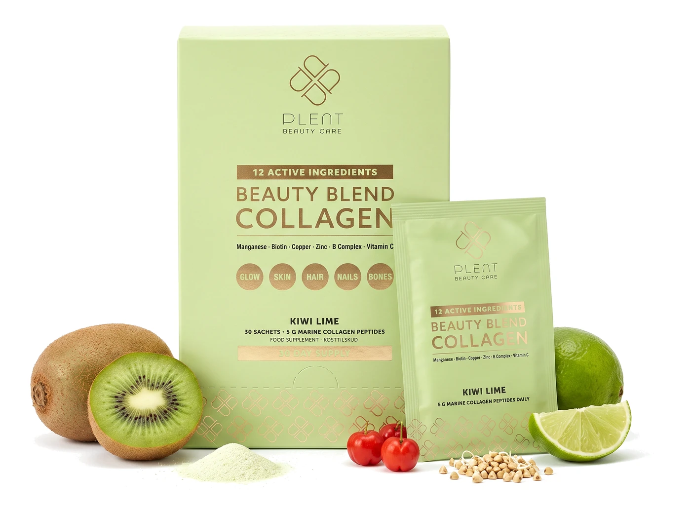 Plent BEAUTY kolagen morski mieszanka Beauty kiwi limonka, pudełko i saszetka