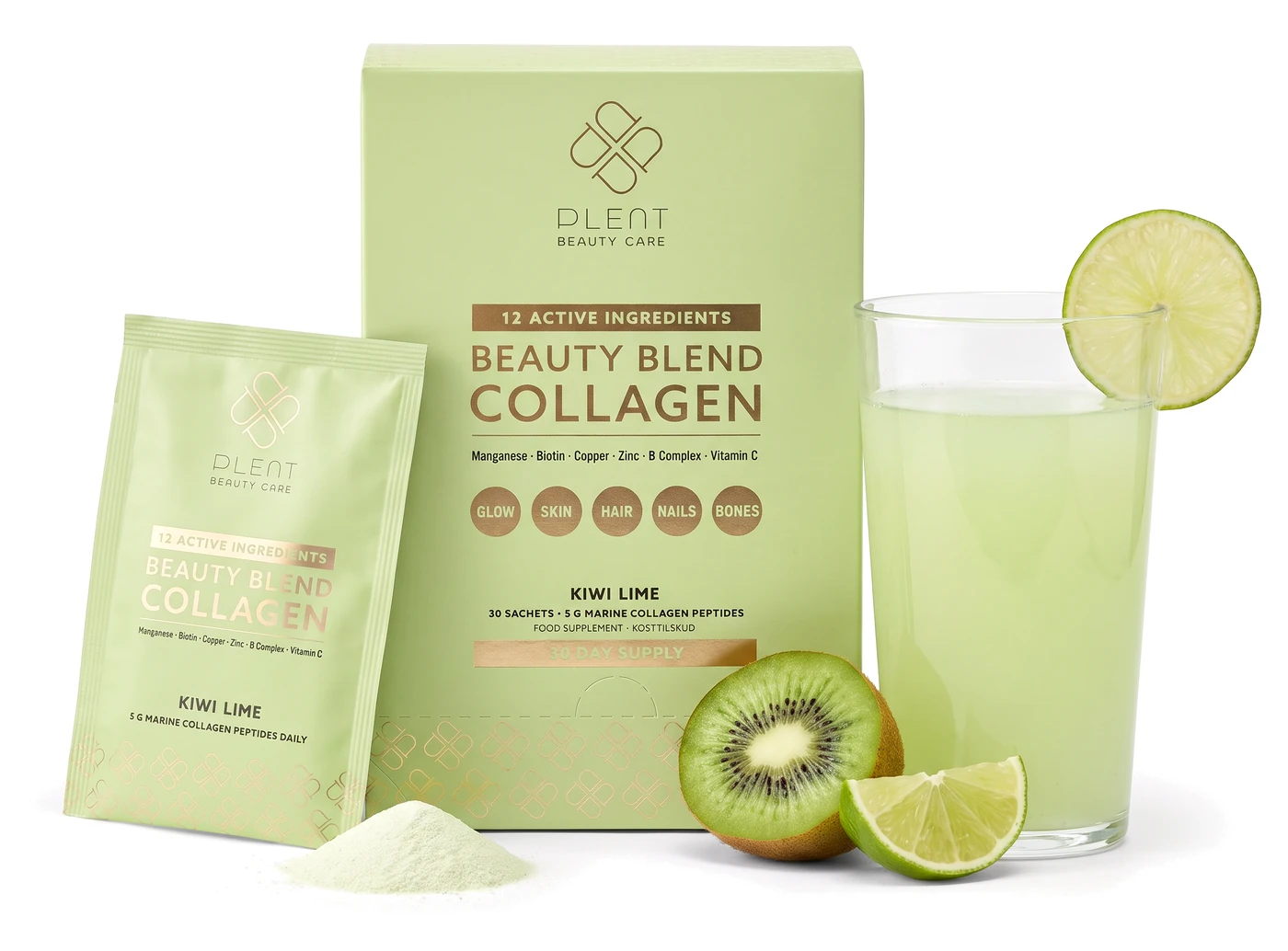 Jasnozielony napój z kolagenem Plent BEAUTY w smaku kiwi z limonką, obok pudełko i saszetka