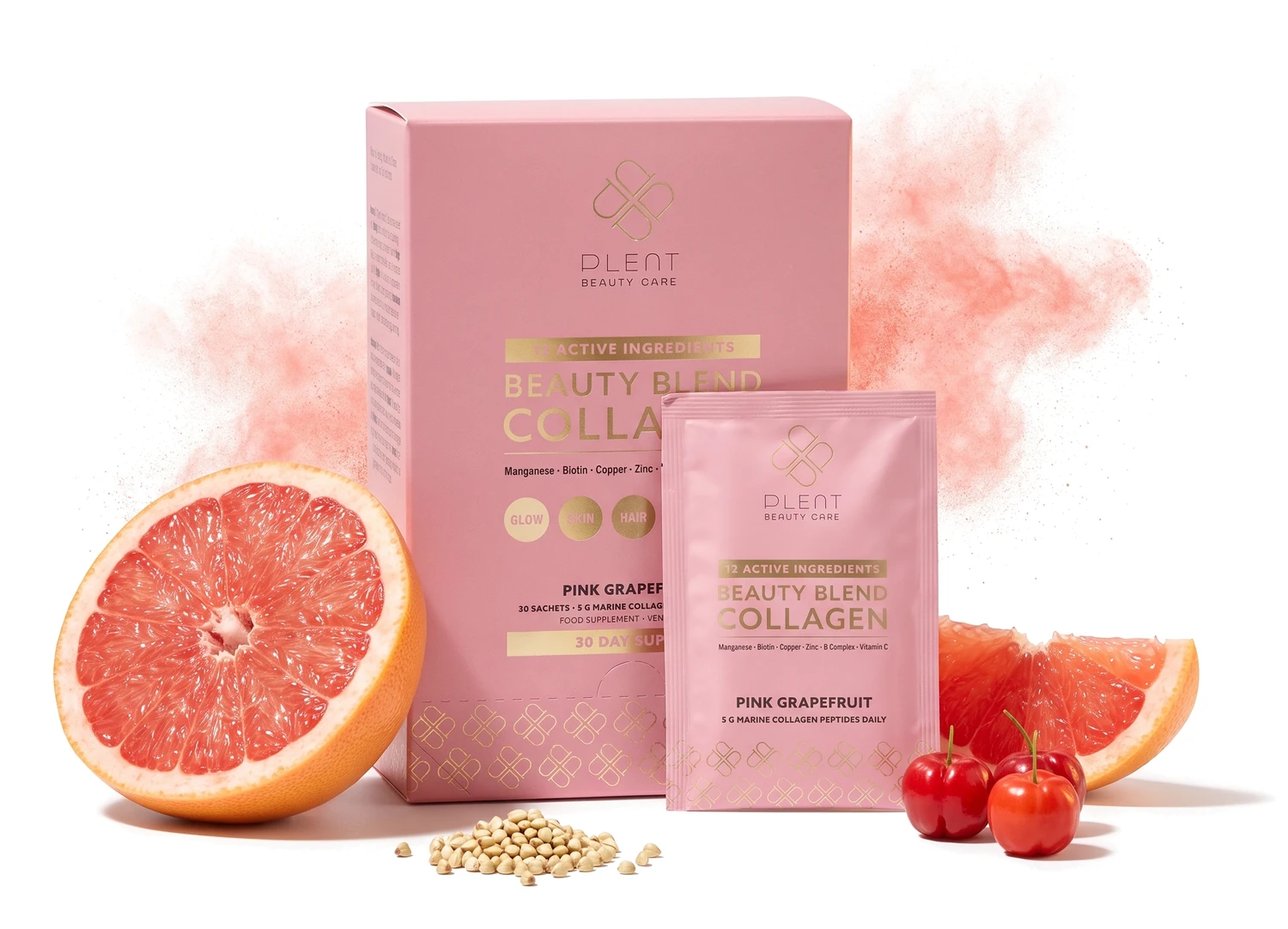 Plent BEAUTY kolagen morski mieszanka Beauty różowy grejpfrut, pudełko i saszetka