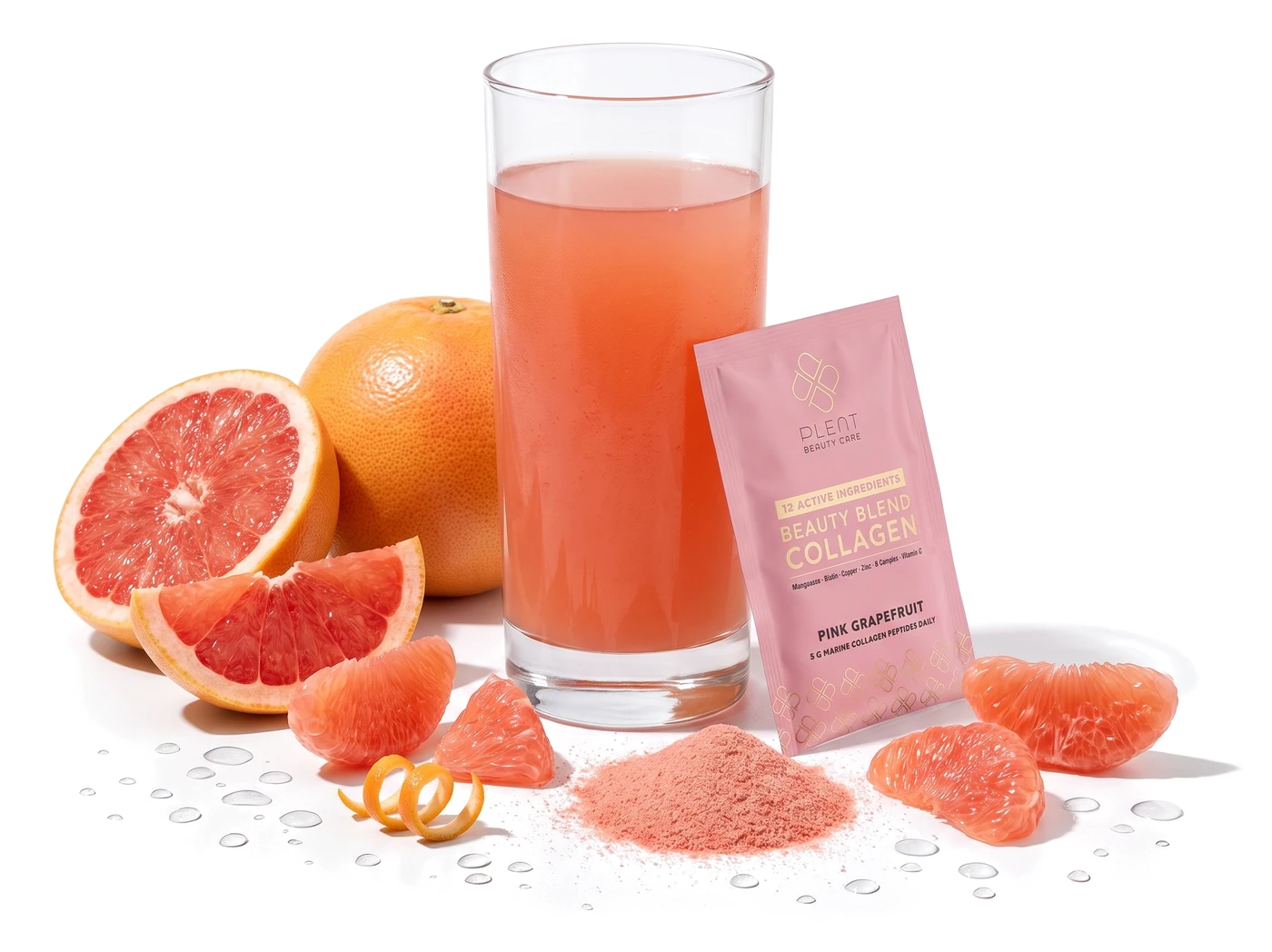 Naturalnie różowo-koralowy napój z kolagenem Plent BEAUTY w smaku różowego grejpfruta