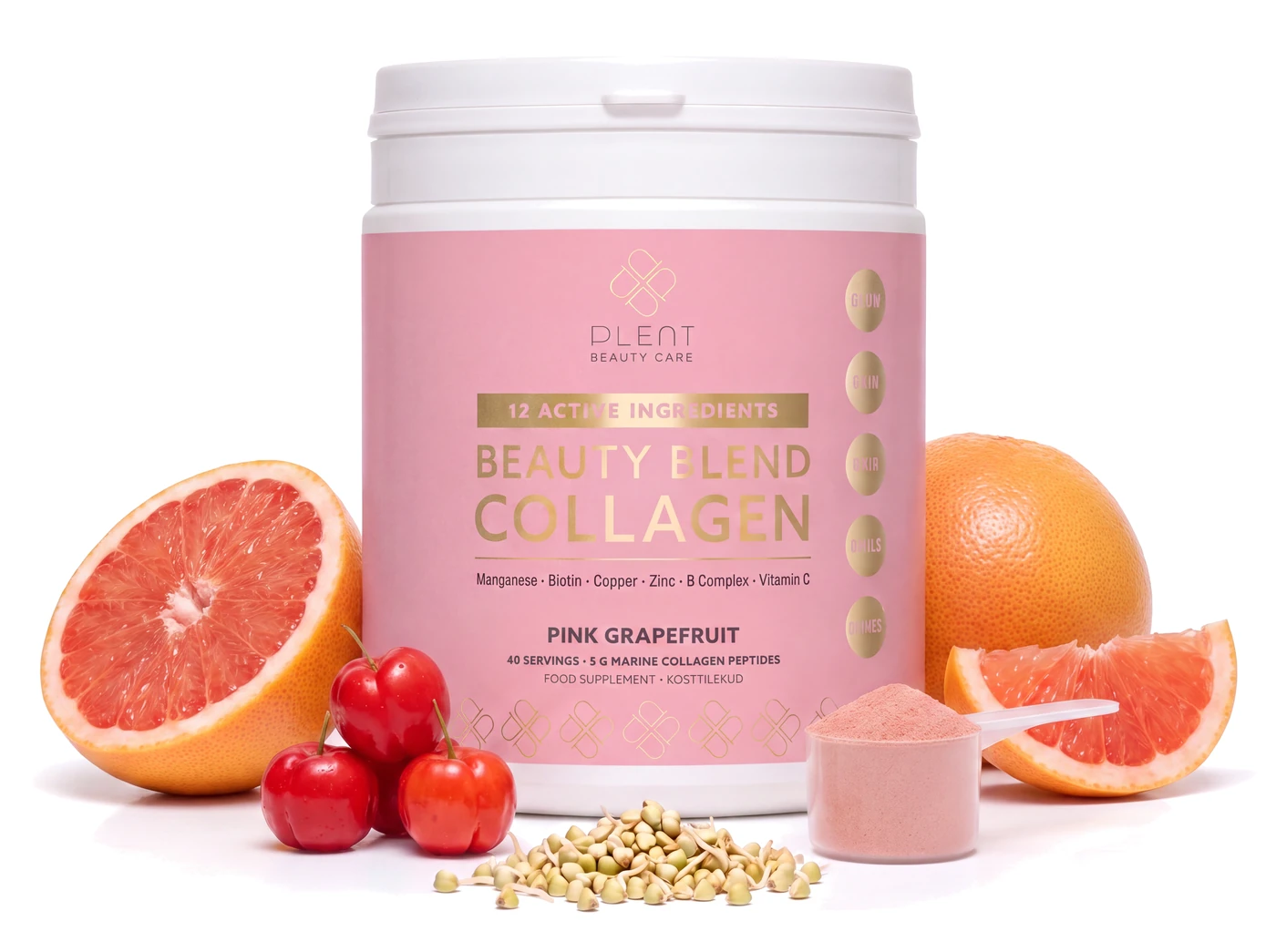PLENT BEAUTY różowy grejpfrut, kolagen rybi z 12 składnikami, pojemnik 265 g