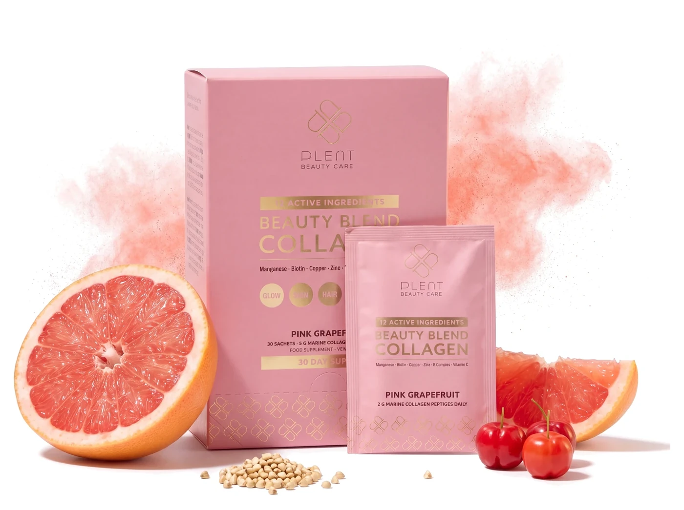 PLENT BEAUTY różowy grejpfrut, kolagen rybi z 12 składnikami, 30 saszetek