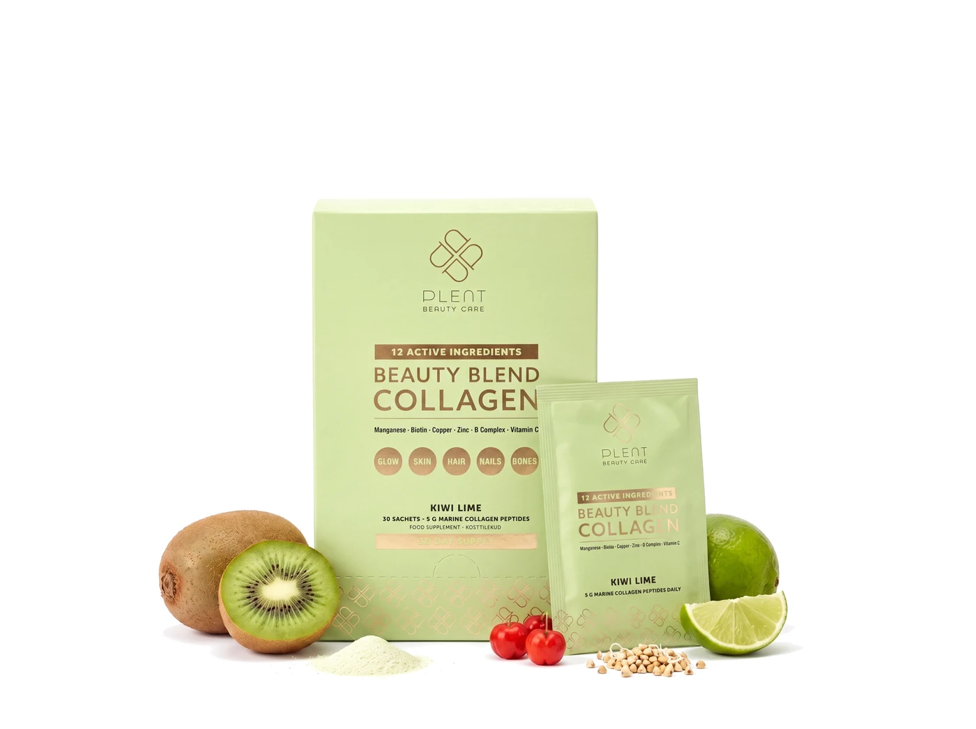 PLENT BEAUTY kiwi limonka, kolagen rybi z 12 składnikami, 30 saszetek